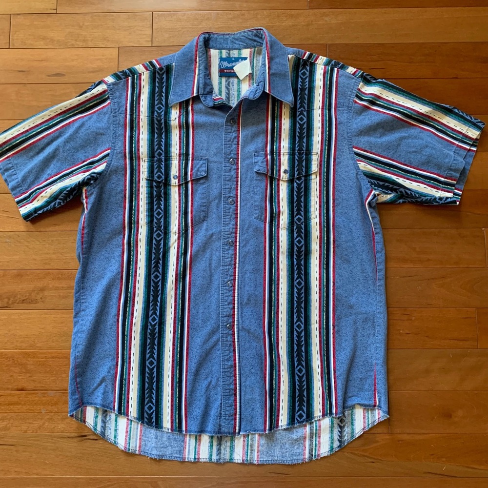 Vintage Wrangler Western Shirt Mens XL Aztec West Stripe Pearl Snap Short Sleeve